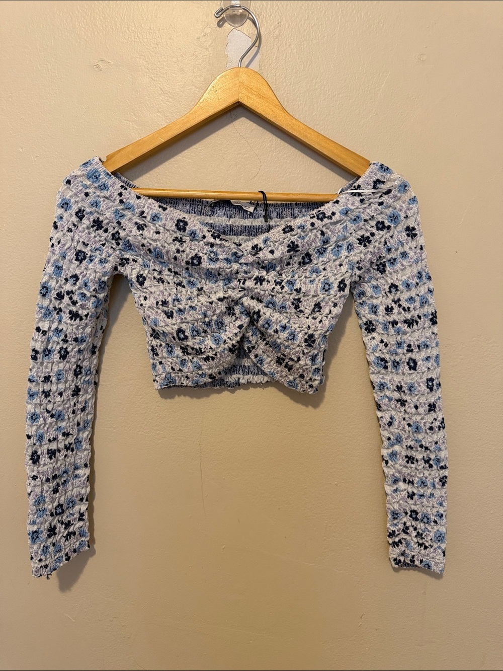 Zara Blue and White Off-Shoulder Cropped Knit Top